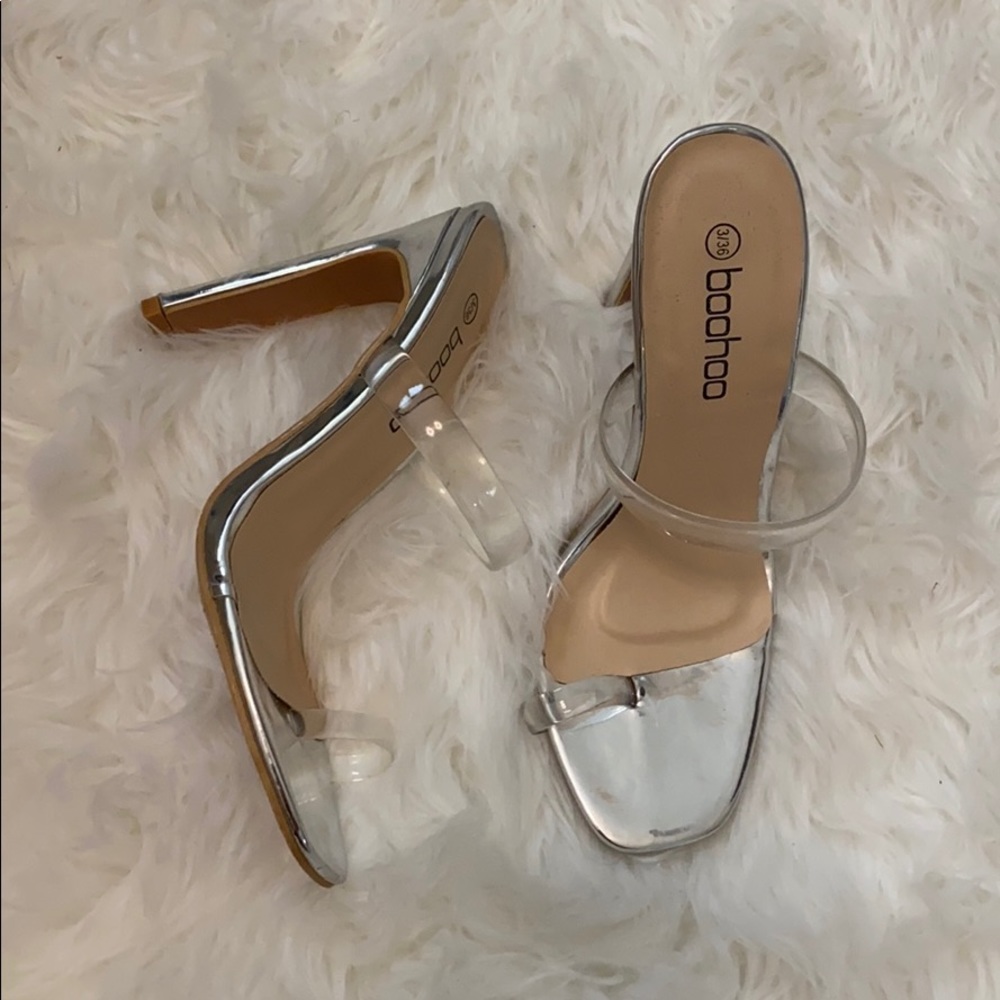 Boohoo Metallic Silver Heels with Clear Straps